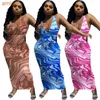 女性セクシーなドレスuネック春夏波撮影印刷スレッドサスペンダーノースリーブドレススカート2xl