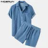 INCERUN Men Corduroy Sets Solid Color Short Sleeve Lapel Button Shirts & Shorts Chic Streetwear Mens Casual Suits S-5XL 220610