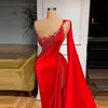 Elegant One Shoulder Red Prom Dresses Pearls Beaded Sexy Side Split Long Evening Gowns Plus Size Mermaid Pageant Dress 0425