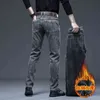 Pantaloni casual caldi stile invernale elastico allentato a tubo dritto grigio da uomo in peluche ispessito