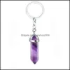 Key Rings Natural Stone Hexagonal Prism Keychains Healing Rose Crystal Car Decor Keyholder For Women Carshop2006 Dhgbq