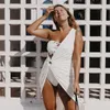 Hollow Out Women Midi Beach Dress White One Shoulder Sleeveless 2022 Summer Y2K Sexy Dresses Bodycon Party Nightclub