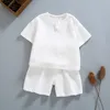 Sommarkläder sätter ekologiska dubbla gasväv bomullshem bär barnkläder kostym Pajama Kort ärm Shorts White 220620