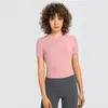 Al0lulu kvinnors nya yogatoppar runda nacke yoga kläder andas sport kortärmad stretch smal t-shirt beskuren topp