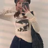 Karrram Casual t-shirt magro para as mulheres o pescoço manga comprida sexy colheita letras grunge letras impressão feminina coreana moda roupas 220408
