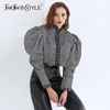TWOTWINSTYLE Plaid Hit Color Coat For Women O Neck Puff Long Sleeve Streetwear Plus Size Short Coats Female Clothing 201029