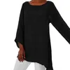 Plus Size Fashion Women T shirts Casual Loose Solid Color Linen O Neck Long Sleeve Irregular Tunic Tops Autumn Clothing 220628