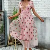 Grundlegende Freizeitkleider Freizeitkleider Mode Frauen Puffärmel V-Ausschnitt Erdbeerdruck Damen Langes Kleid Sommer für 2022 Vestido De Muje 45PG