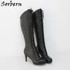 Sorbern Stivali alti al ginocchio opachi Donna Tacchi a spillo Tacchi alti Stivali stringati crespi Sissy Crossdresser Stivale da ballo Custom Wide Slim Fit