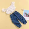 Citgeett Summer Kids Baby Girls Solid Color Outfits Off Schouder Hollow kort mouw Crop Tops Jeans denim broek Set J220711