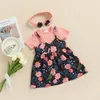 Kledingsets Babymeisjes Zomerkleding Set Korte mouwen Ribbelde Rompers en bloemenprint Suspender Rok met hoofdband 3 stks