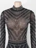 Beyprern Sparkle Black Silber Silber Sheer Overalls Summer Glam Long Sleeve Mesh Crystal Strampler Nachtclub Outfits Clubwear 220813