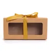 Presentförpackning 100 st/lot Brown Kraft Paper Box med fönster Silk Ribbon Packaging Carton Paperboard BoxGift