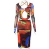 Zoctuo Tie Dye Print Kvinnor Klänning Långärmad Fashion O Neck Casual Höst Vestidos Tight Slim Fashion Sexy Mesh Maxi Klänningar Y220401