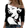 Moda farfalla figura stampa spalle scoperte T-shirt donna sexy colletto diagonale manica lunga autunno top elegante streetwear tee 220511