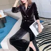 Women's Two Piece Pants Women's Black Velvet Slim Blazer Set Female Autumn Winter 2022 Korean Ladies Double Breasted Jackets Wide Leg