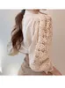 Petal Sleeve Stand Collar Hollow Out Flower Patchwork Shirt Femme Blusas Allmatch Women Lace Blouse Button White Top 12419 220707