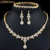 CWWZircons 3 stks Vrouwen Kostuum Grote Gouden Sieraden Set Glanzende Zirconia Drop Dubai Bruiden Necklcae Oorbellen en Armbanden T370 220726