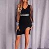 Casual Dresses Mesh Shiny Striped Slim Slit Women Dress Elegant Sexy V Neck Lady Mini Fashion Splicing Sheer Bag Hip Party