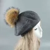 2022 New Big Real Fur Pompom Beret Women Vintage Artist Beret Hat Girls Autumn Spring Wool Knitted Cap J220722