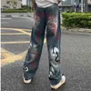 Harajuku Snake Skull Letter Full Print Frayed Streetwear Retro Denim Trousers Men and Women Straight Ripped Washed Jeans Pants T220803