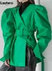 Lautaro Spring Green PU lederen jassen voor vrouwen met puff lange mouwen runway runway stijlvolle luxe designer kleding mode 2022 L220728