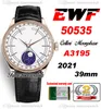 EWF Cellini Moonphase 50535 A3195 Automático Mens Relógio Rosa Ouro Branco Dial Real Meteorite Couro Preto Super Edição Mesmo Série Garantia Cartão TimeZoneWatch A1