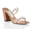 Summer Luxury Amara Sandals Shoes Women Leather Mules Pearl-Embellish Block Heels Comfort Lady Sexig Party Wedding Dress EU35-43