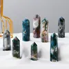 Natural Healing Crystal with hole original stone polished arts Moss Agate Crystal hexagonal column ornaments