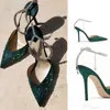 Klädskor kvinnors mörkgröna spetsiga tå diamant höga klackar stilettos slingback sandaler elegant catwalk plus storlek 3443dress