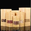 100pcs Thick Stand up Kraft Paper Frosted Window Zip Lock Bag Resealable Biscuits Ground Coffee Beans Snack Flower Tea Fruits NUts Gifts Storage Pouches