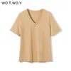 WOTWOY Sommer Gestrickte V-ausschnitt T-Shirt Frauen Baumwolle Grund Solide T Shirt Weibliche Kurzarm Kintwear Tops Harajuku T-shirt Damen