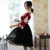 Robes décontractées Femmes classiques imprimés de style chinois Vêtements costume sexy col en V demi-manches hauts rouges et taille élastique jupe en mousseline de soie noire