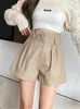 REALEFT Autumn Winter Women's Faux PU Leather Shorts with Belted High Waist Ladies Elegant Short Trousers Pocket Female 220527