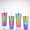 550ml Rainbow Gradient Färg Vattenflaskor Dubbelskikt Plast Straw Cup Portable Outdoor Sport Running Vatten Dryckesflaska T9i001889