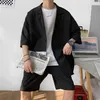 Completo da uomo stile coreano giacca e pantaloncini tinta unita sottile manica corta top abbinato pantaloni moda estiva abbigliamento oversize uomo 220708