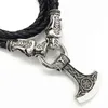Pendant Necklaces Nostalgia Kolovrat Symbol Slavic Perun Axe AlGIZ Rune Viking Wolf Heads Leather Chain Necklace Collier Sautoir LongPendant