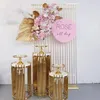 Grand Event Backdrops dessert Floral Display Wedding Decoration Gold Metal Plinte Table Bakgrund Arch Party Birthday Stage Cake Hantverk Ballonger Hållare