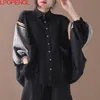 Moletons femininos moletons da moda Spring Tops Ladies Black Patchwork Camisetas femininas Vintage Longo Batwing Bloups Feminino Casual CL