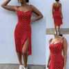 Vrouwen sexy kleine spaghetti riem veter omhoog polka stip split split backless zomer streetwear jurk meisjes kleine maat jurk voor vrouwen l220705