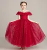 Red Flower Girl Dresses for Wedding Lace Applique Ruffles Ball Gown Girls Pageant Gowns Sequined Sweep Train Children Prom Party Dresses