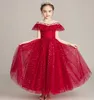 Robes de fille de fleur rouge pour mariage en dentelle Applique Ruffles Robes de bal Girls Pageant Robes Sweed Sweep Train Children Children Prom Party Robes