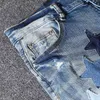 Jeans amirrs t skjortor designer 2023 jean mode märke täckta stjärnor, klistrad tyg, broderade spetsiga trasiga hål, tvättade w fh9s