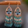 Etnisk Vintage Lila Bead Crystal Tassel Örhängen för Kvinnor Böhmen Hollow Blomma Lång Dangle Earings Bröllopsfest Smycken