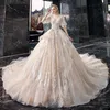 Unique A-Line Wedding Dresses Lace V-Neck 1/2 Sleeve Draped Applique Lace Up Custom Made Pearl Bridal Dress Vestidos De Novia