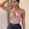 Sruby Sexy Party Metal Metálico Crop Top Mulheres Corset Beach Halter Corset S Glitter Night Club Tank Roupas Christmas 220325