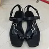 2022 designer branded Flat sandals strip Black Patent Leather Women dress shoes Tribute Cassandra Sandal metal buckle women wedding party