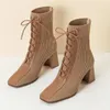 Autumn Winter Women Martin boots Stitching Knitted Elastic Stockings Boots High-heeled Short Boot Square Toe Women's Shoes