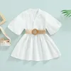 Robes de fille Focusnorm 2-7Y Mode d'été Petites filles Robe Vêtements Manches bouffantes Solide Col V Taille haute A-ligne avec ceinture