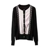 Women's Knits & Tees Autumn Knitted Sweater Women Cardigan Lace Patchwork Pearl Buttons Elegant Office Ladies Blouse Tops O Neck Long Sleeve